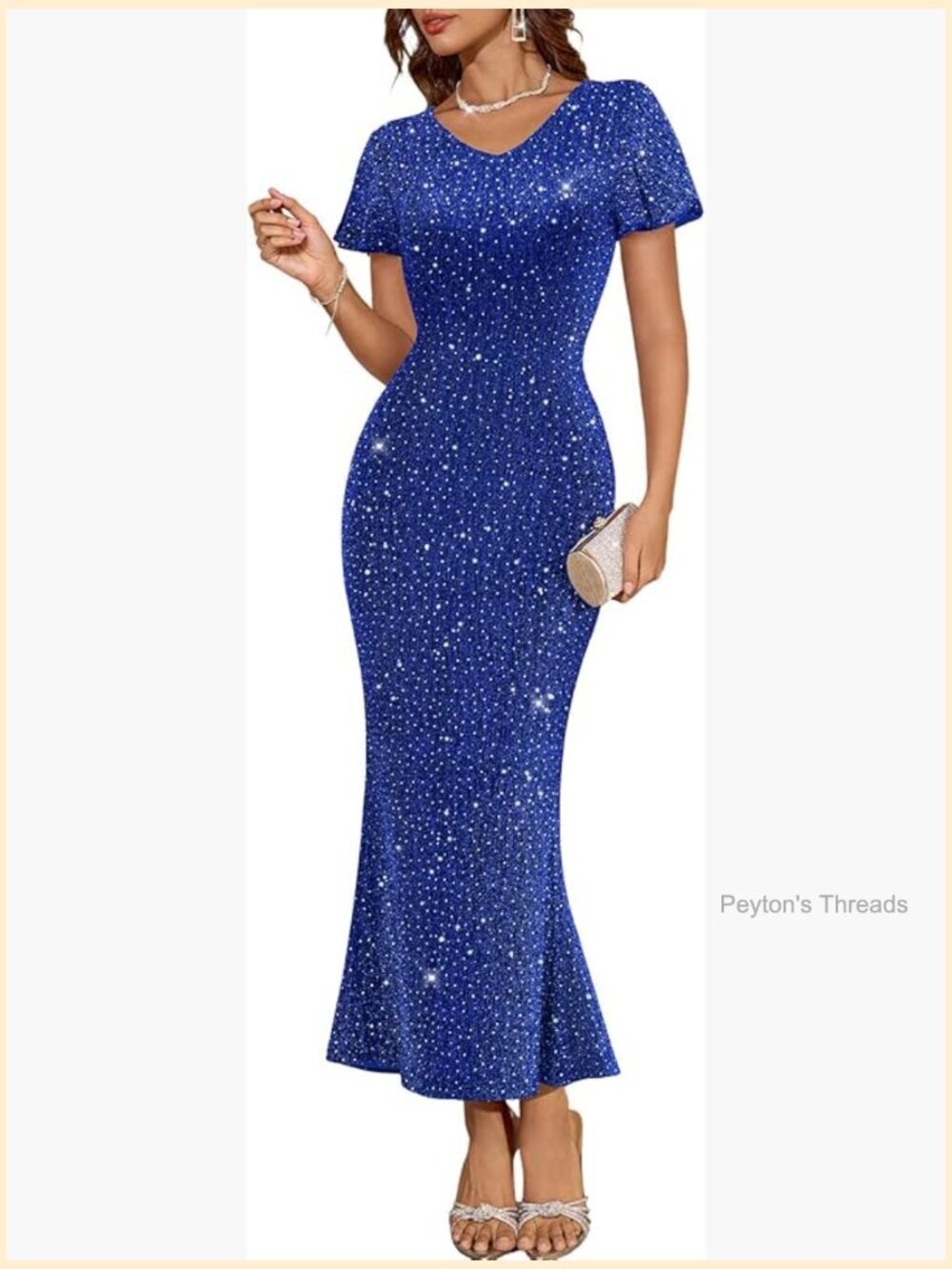 Sequin Mermaid V-Neck Long 3/4 Sleeve Formal Cocktail Party Dress
